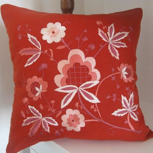 embroidered pillow,linen pillow,handmade pillow cover, unique piece, hand-embroidered pillow 40x40cm.,16x16inch., terracotta