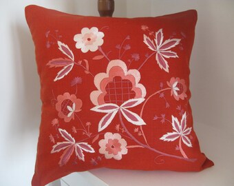 embroidered pillow,linen pillow,handmade pillow cover, unique piece, hand-embroidered pillow 40x40cm.,16x16inch., terracotta