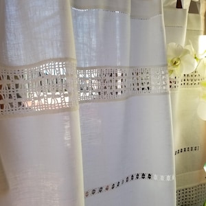 White linen curtains, white kitchen curtains, lace cafe curtain, 81 x 62 cm curtain, crochet lace linen curtain, glass curtain