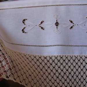 linen and lace curtain,white linen curtain,cutwork linen curtain,linen valance with crocheted edge,personalized curtain,kitchen curtain