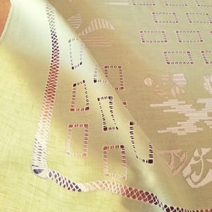 Decorative wall embroidery, table linen, light embroidered light green linen curtain