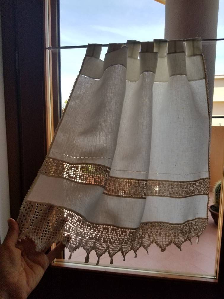 Tenda Da Cucina In Cotone E Lino | Ricamo Floreale Con Frange | 70x150 Cm - 2 Pannelli - Foto 2