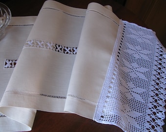 linen table runner beige,linen table runner with crochet edges,embroidered table runner,custom table runner,hemstitched by hand table runner