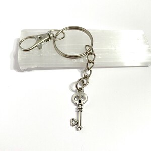 Skeleton key keychain or bag charm. Silver tone.