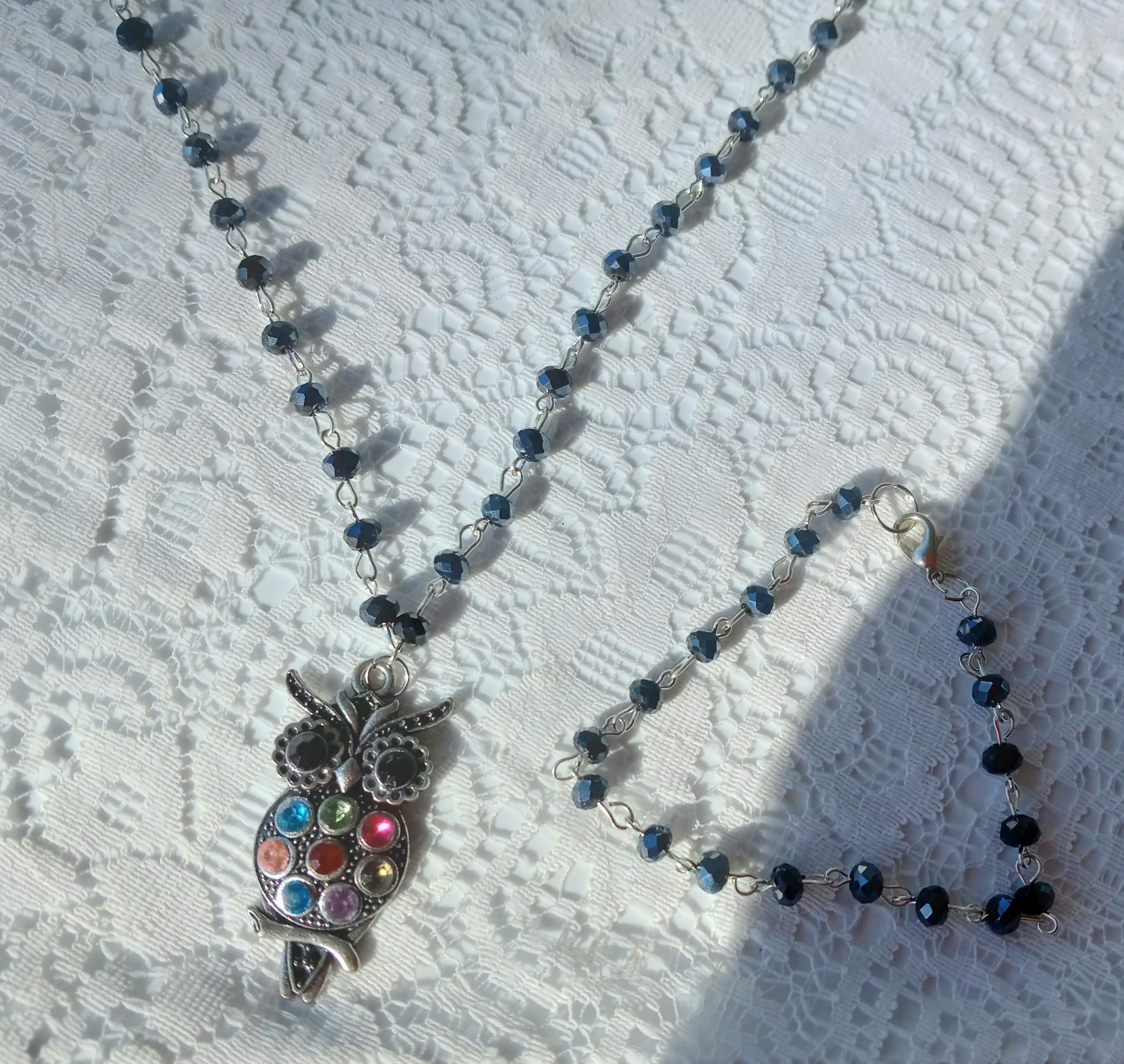 Jeweled Owl Necklace And Bracelet Set