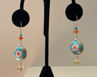 Chinese Cloisonné Dangle Earrings with 14 ct Gold Filled hooks and wires, Pearls, Vintage English Beads - One of a Kind