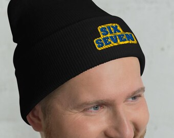 Six Seven Meme Cuffed Beanie with Yellow and Blue Embroidery