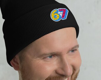 Six Seven Meme Cuffed Beanie with Yellow Pink Blue and White Embroidery