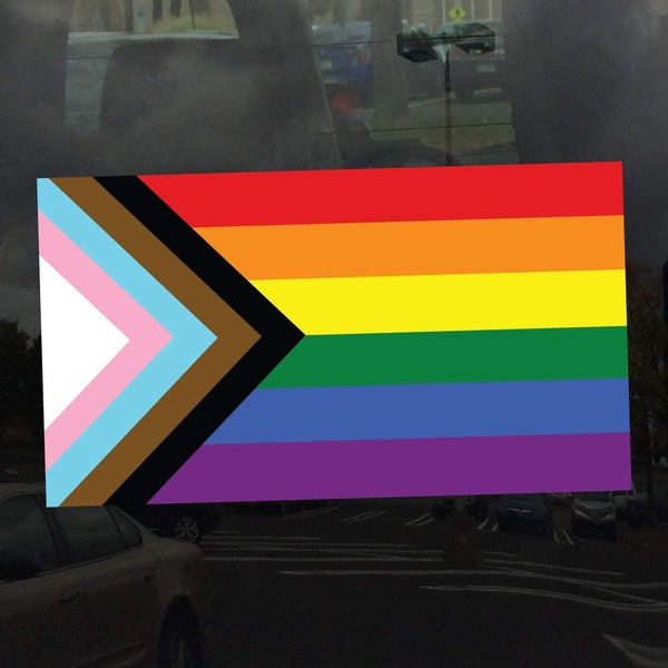 Progress Pride Flag LGBTQ POC Transgender Flag - Vibrant Color Static Cling Window Cling - Use Indoor and Outdoor!