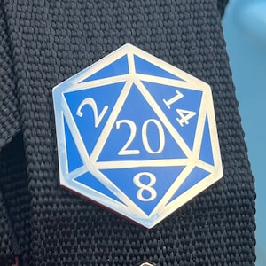 Blue and Silver D20 Dice Enamel Pin – Tabletop RPG Lapel Pin for Gamers and Dungeon Crawlers