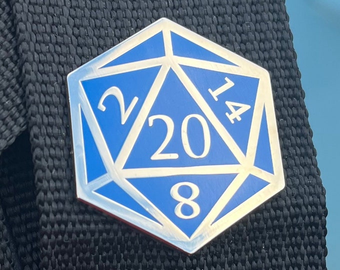 Blue and Silver D20 Dice Enamel Pin – Tabletop RPG Lapel Pin for Gamers and Dungeon Crawlers