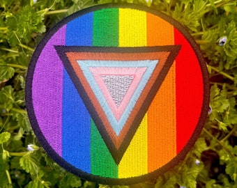 Safe Space Progress Pride Flag LGBTQ POC Transgender Flag Circle - 4 inch Iron-on Patch