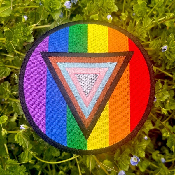 Safe Space Progress Pride Flag LGBTQ POC Transgender Flag Circle - 4 inch Iron-on Patch