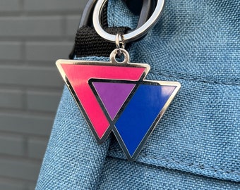 Bisexual Flag Triangles Pink Purple and Blue LGBTQ Support Pride Symbol - 1.75 inch Enamel Keychain with Keyring