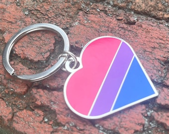 Bisexual Flag Heart Pink Purple and Blue LGBTQ Support Pride Symbol - 1.5 inch Enamel Keychain with Keyring