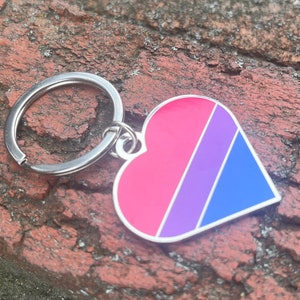 Bisexual Flag Heart Pink Purple and Blue LGBTQ Support Pride Symbol - 1.5 inch Enamel Keychain with Keyring