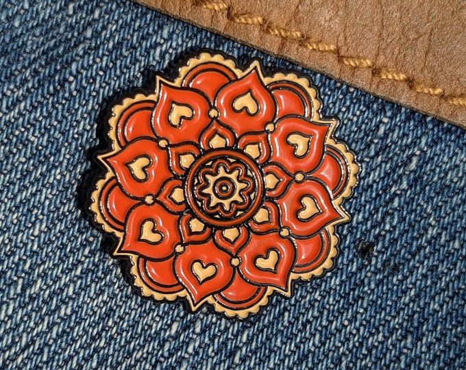 Floral Heart Mandala Orange and Beige Flower - 1 inch Enamel Pin