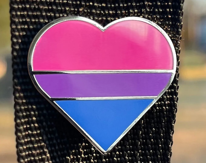 Bisexual Flag Heart Enamel Pin – Pink, Purple, and Blue LGBTQ+ Pride Symbol Lapel or Fabric Pin