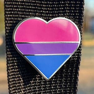 Bisexual Flag Heart Enamel Pin – Pink, Purple, and Blue LGBTQ+ Pride Symbol Lapel or Fabric Pin