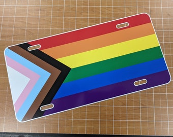 Progress Pride Flag LGBTQ POC Transgender Flag - Vibrant Color Aluminum License Plate (White Plate)