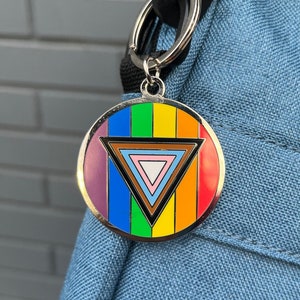 May include: A rainbow-coloured metal keychain with a silver ring. The keychain features a silver triangle with concentric circles in shades of brown, blue, pink and white.