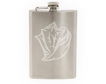 Ocean Biology Summer Beach - Conch Seashell Version 1- Etched 8 Oz Stainless Steel Flask