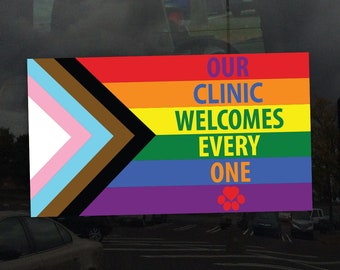 Our Clinic Welcomes Everyone Progress Pride Flag Heart Paw - Vibrant Static Cling Window Cling Indoor and Outdoor!