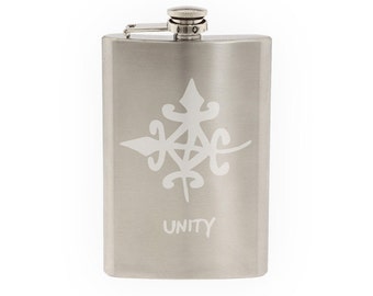 Adinkra Akan #8 - Unity African Sign Symbology- Etched 8 Oz Stainless Steel Flask