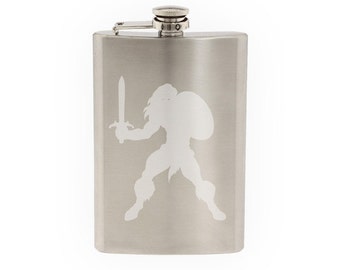 Comic Book Style - Super Hero Silhouette Viking Version 9  - Etched 8 Oz Stainless Steel Flask
