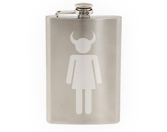 Rest Room Gender - Ladies - Female Devil Demon - Etched 8 Oz Stainless Steel Flask