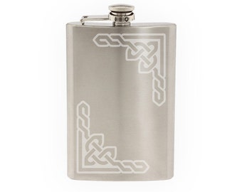 Celtic Pattern #9 - Knot Corner Piece Irish Heritage   - Etched 8 Oz Stainless Steel Flask