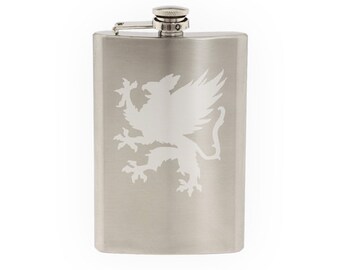 Mythical Creature - Gryphon Griffin #1 Medieval Heraldry- Etched 8 Oz Stainless Steel Flask