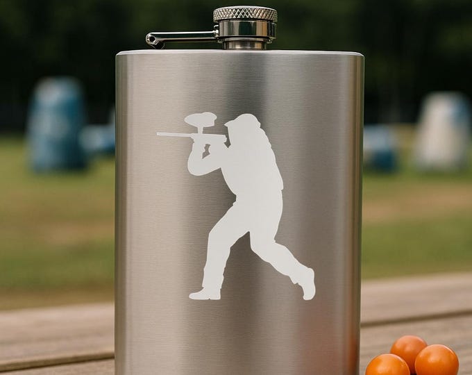 Paintball Player Silhouette – Etched 8 oz Stainless Steel Flask for Sports, Outdoor, and Gifts