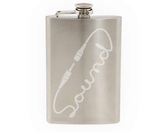 Audio #2 - Sound Calligraphy Jack Connector Plug DJ  - Etched 8 Oz Stainless Steel Flask