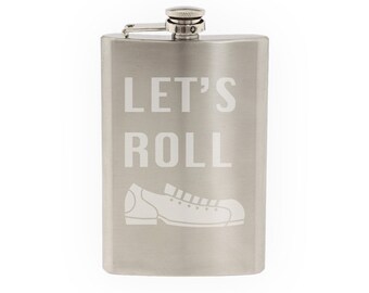 Sport Footwear #4 - Bowling Alley Shoe Style Silhouette wit text- Etched 8 Oz Stainless Steel Flask