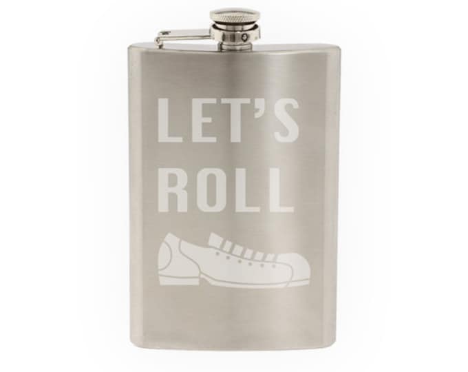 Sport Footwear #4 - Bowling Alley Shoe Style Silhouette wit text- Etched 8 Oz Stainless Steel Flask