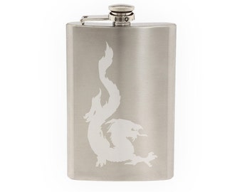 Dragon Mythology #2 - Snake Serpent Tattoo Symbol     - Etched 8 Oz Stainless Steel Flask