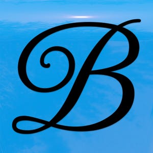 May include: A black, stylized letter "B" in a cursive font against a light blue background. The letter has a decorative, elegant design with a prominent swirl at the top. The background has a gradient effect, suggesting a sky.