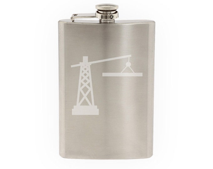Engineering #2 - Construction Crane Building Icon Symbol- Etched 8 Oz Stainless Steel Flask