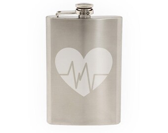Fitness Gym Art #4 - Heart Rate Health Diet Exercise Support- Etched 8 Oz Stainless Steel Flask