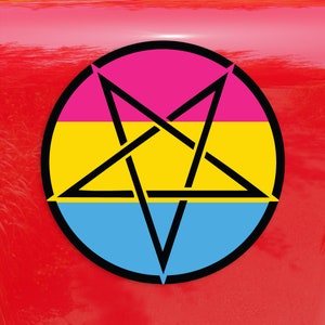 May include: A black pentagram with a pink, yellow, and blue color scheme. The colors are arranged in horizontal stripes, with pink at the top, yellow in the middle, and blue at the bottom.