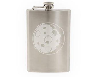 Science - Cool Detailed Moon with Craters Cartoon   - Etched 8 Oz Stainless Steel Flask