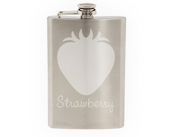 Produce Market #13 - Garden Strawberry Fruit Silhouette- Etched 8 Oz Stainless Steel Flask