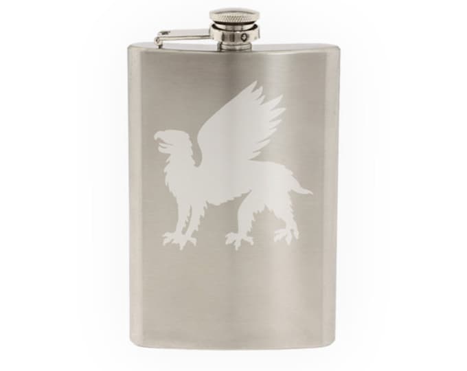 Mythical Creature - Gryphon Griffin #3 Medieval Heraldry- Etched 8 Oz Stainless Steel Flask