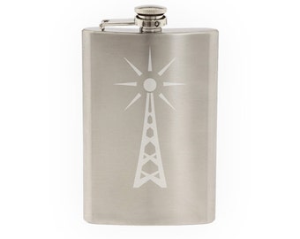 Industry #12 - Radio Broadcasting Tower Mast Antenna- Etched 8 Oz Stainless Steel Flask