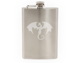 Dragon Mythology #9 - Winged Fire Serpent Tattoo Symbol  - Etched 8 Oz Stainless Steel Flask