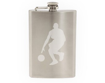 Sport Silhouette - Basketball Player Dribbling- Etched 8 Oz Stainless Steel Flask