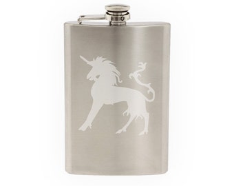 Mythical Creature- Unicorn 1 European Folklore Stallion- Etched 8 Oz Stainless Steel Flask