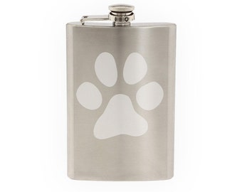 Animal Foot Print #5 - Pets Cat or Dog Pawprint Track- Etched 8 Oz Stainless Steel Flask