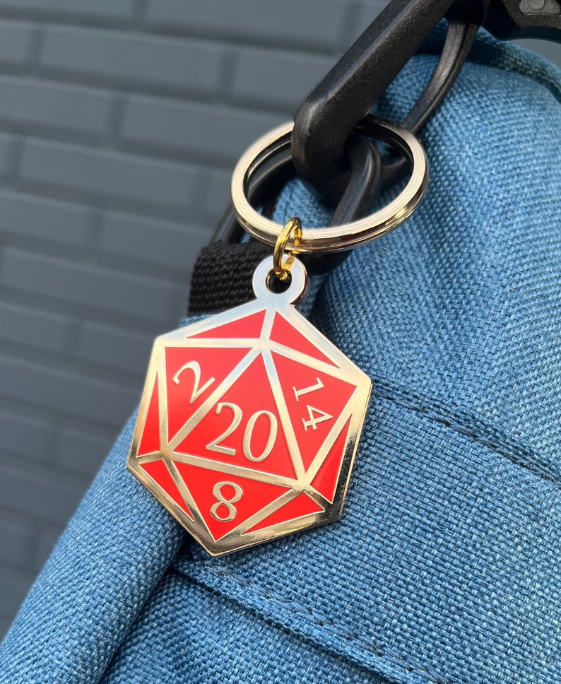 Red and Gold D20 Dice DnD Enamel Keychain with Keyring image 2
